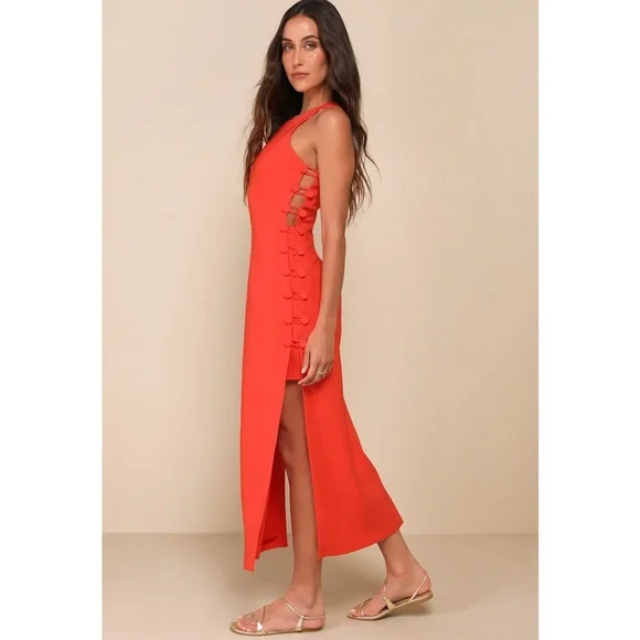 NWOT Lulu’s Masterfully Mod Bright Orange Side Button Midi Dress Medium 2426491 - Picture 3 of 11